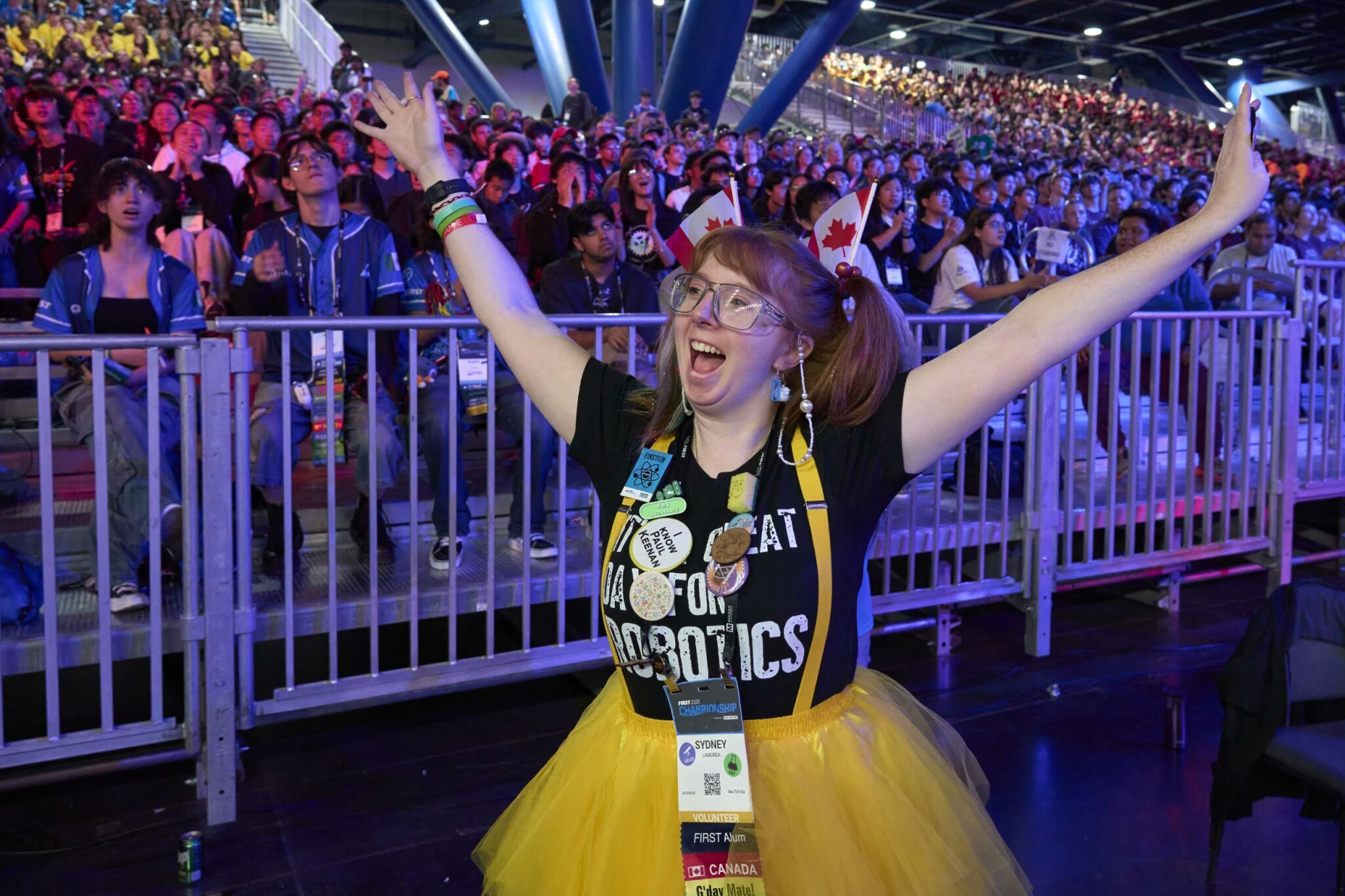 FIRST Championship volunteer in tutu cheering